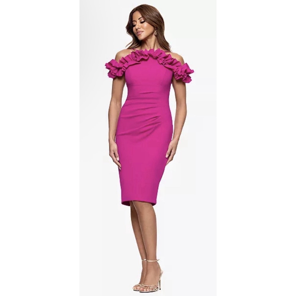 XSCAPE Women's Ruffled Off-The-Shoulder Sheath Dress Size 10 Pink